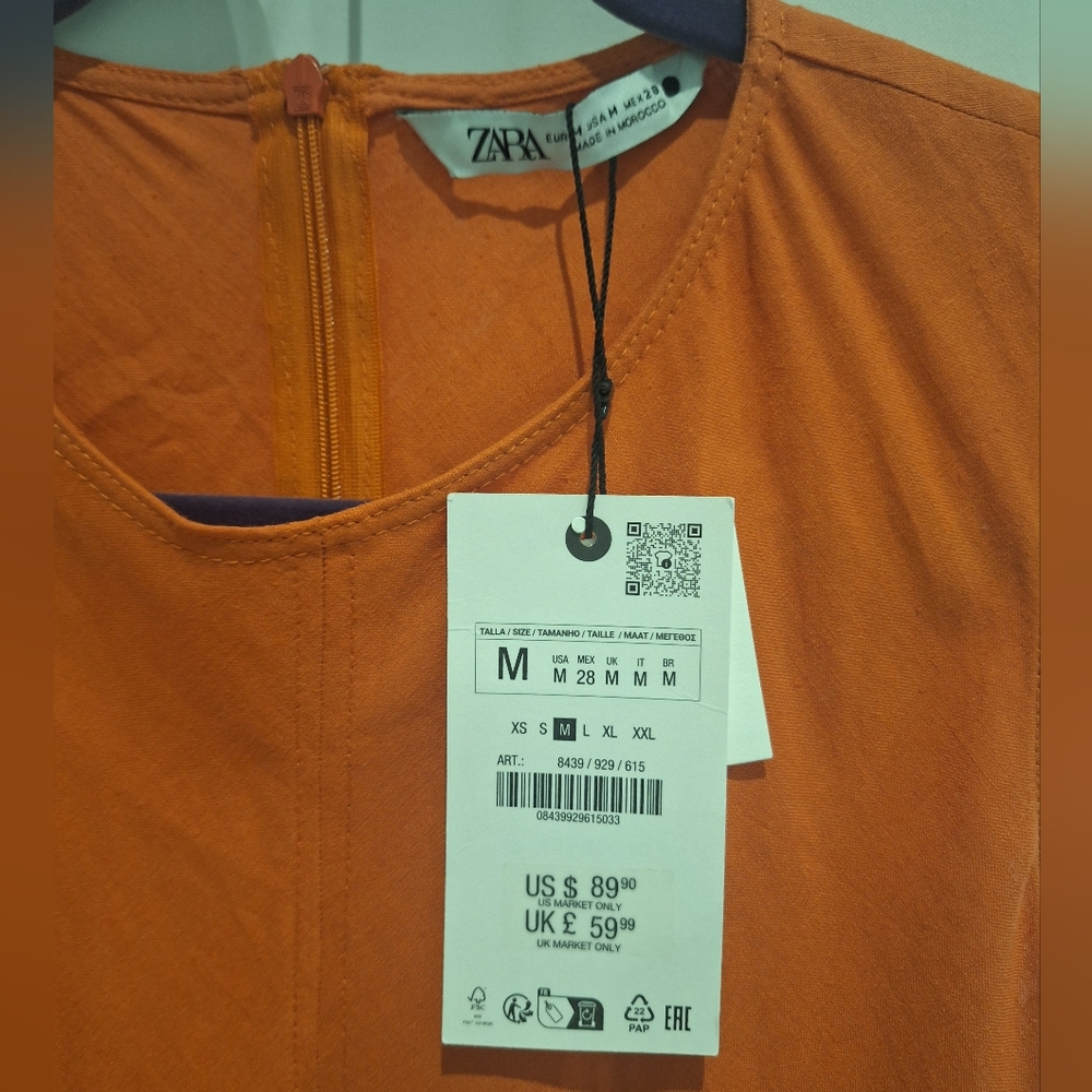 Zara Orange Midi Dress Linen Blend Size M - Picture 2 of 7